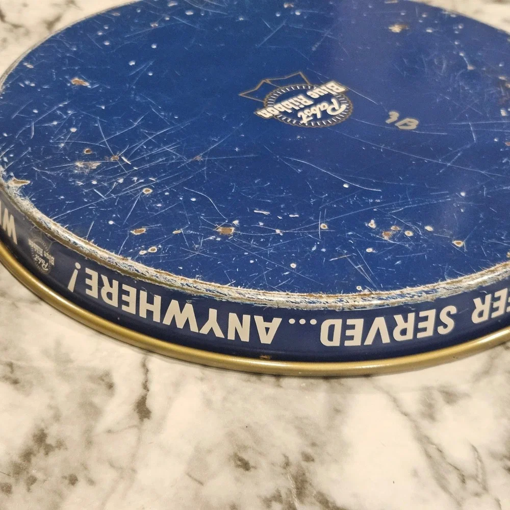Vintage Pabst Blue Ribbon Beer‎ Serving Tray Metal Round Collectible Pub Decor